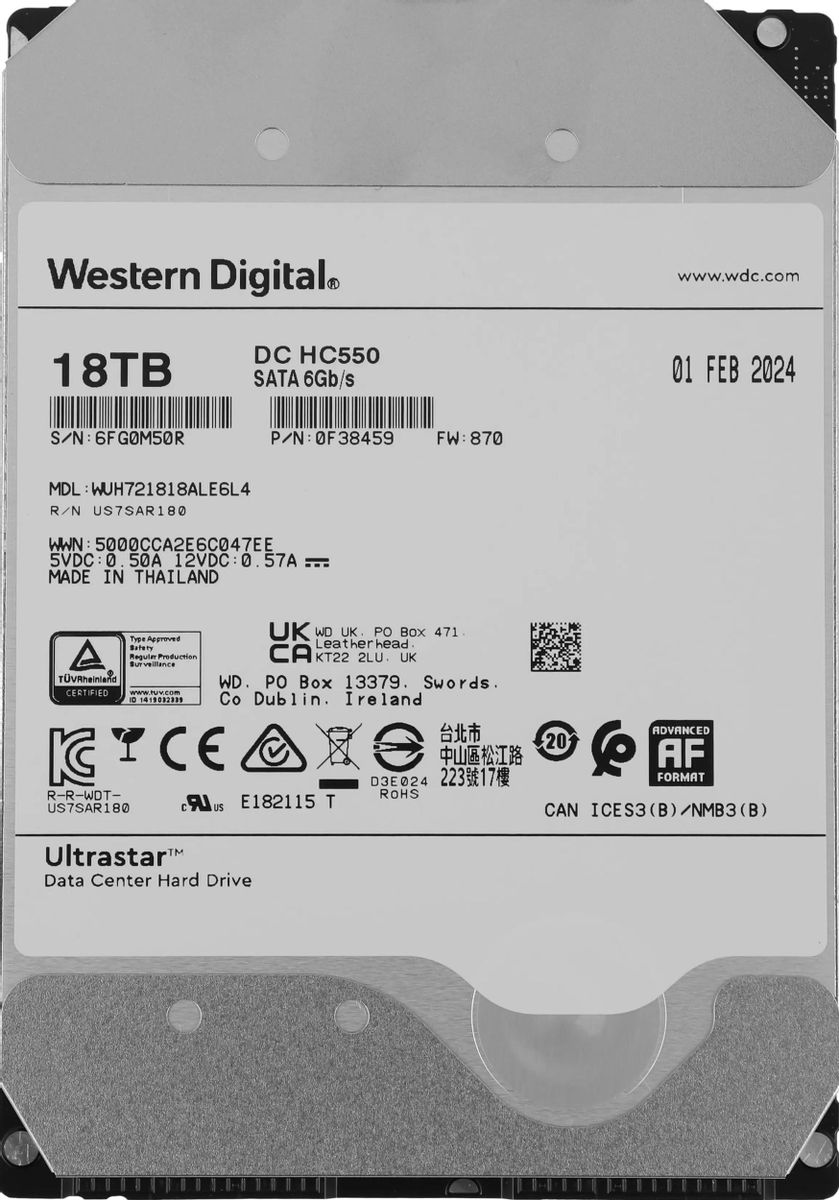 Жесткий диск WD Ultrastar DC HC550 WUH721818ALE6L4,  18ТБ,  HDD,  SATA III,  3.5" [0f38459]